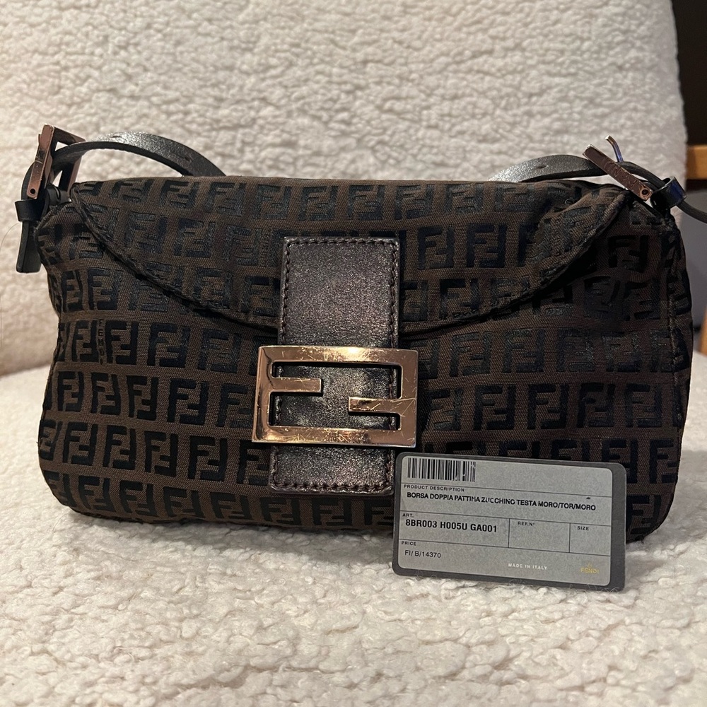 Fendi Brown Zucchino-Print Canvas Baguette Shoulder Bag (Authentic Pre-Owned).